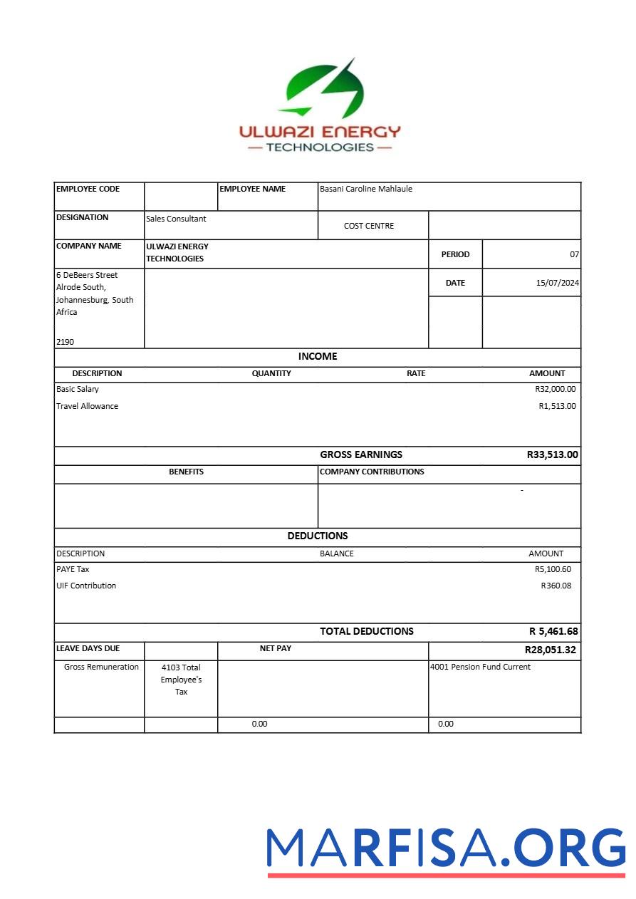 Printable Ulwazi Energy Technologies payslip download for verification